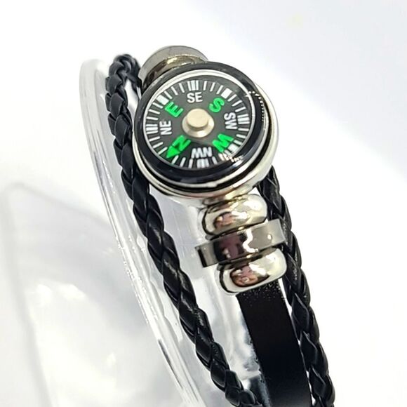 Compass Round Beaded Black Braided Faux Leather Bracelet Outdoor Wilderness New - Picture 6 of 6